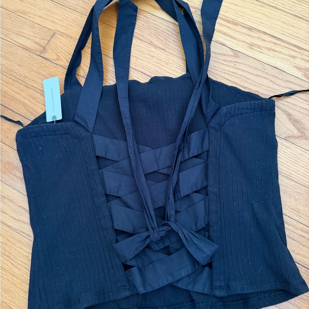Anthropologie Black Lace-Up Crop Top